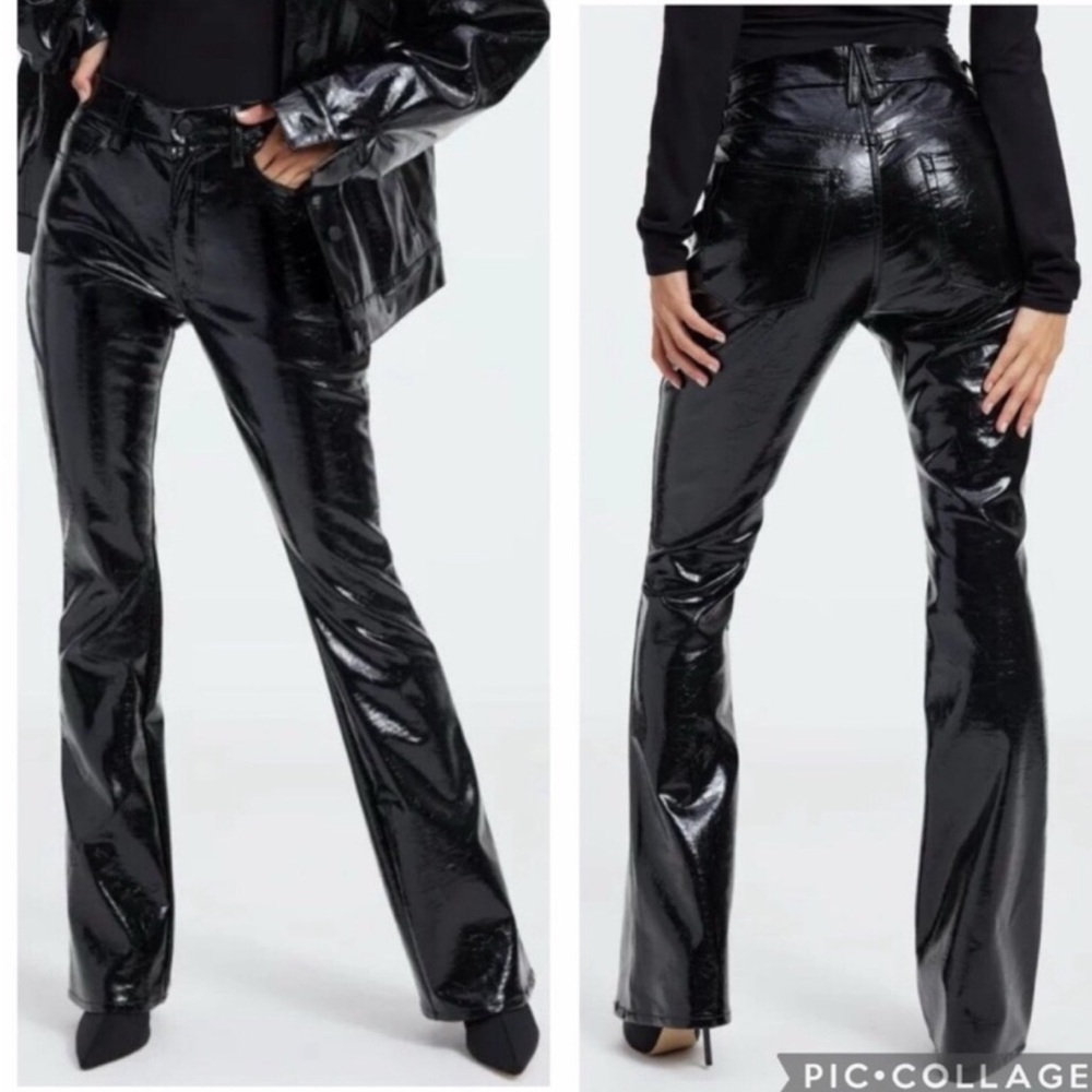 GOOD AMERICAN Faux Patent Leather Flare Leg Pant Jeans Black Size 4 27‎ New